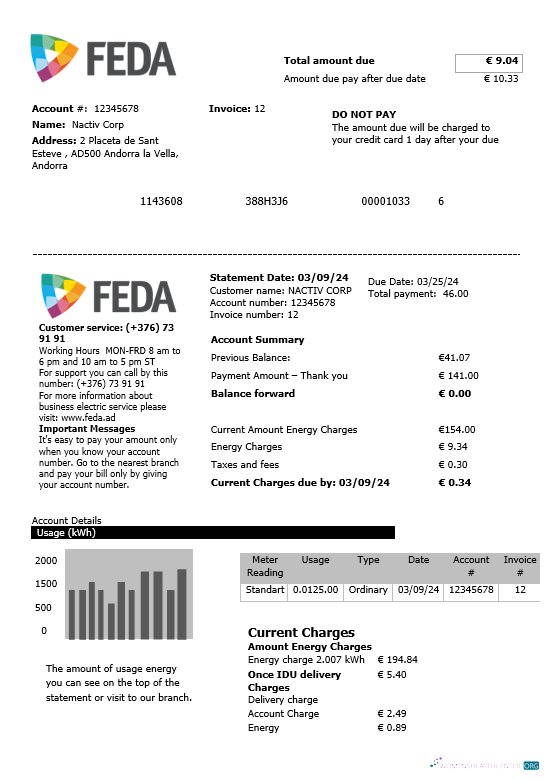 Andorra Electric Forces of Andorra business utility bill template in Word and PDF formats